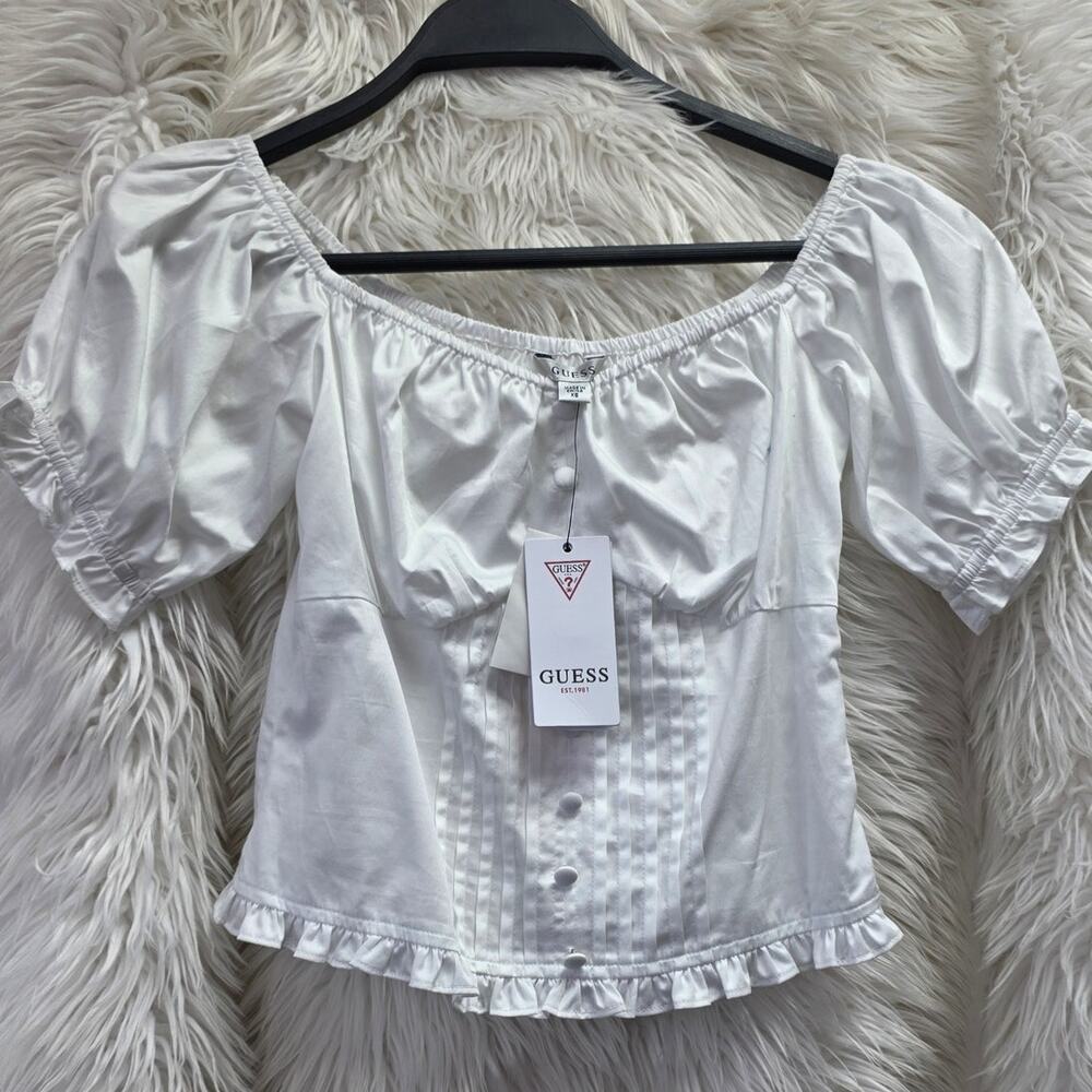 Guess Women's White Suri Sweetheart-Neck Ruffled Pintucked Blouse Top Size XS